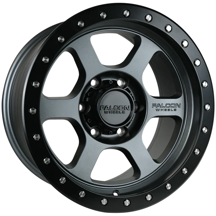 17x9 Falcon Wheels T1 Matte Gunmetal W/Matte Black Ring Wheel 6x5.5 Bolt Pattern -12mm Offset