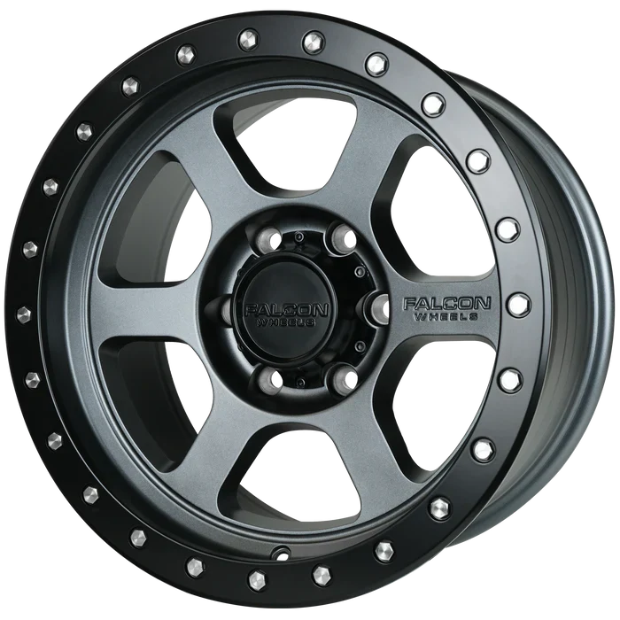 17x9 Falcon Wheels T1 Matte Gunmetal W/Matte Black Ring Wheel 6x5.5 Bolt Pattern -12mm Offset