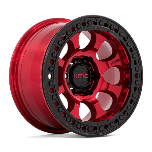 17x8 5 kmc km237 riot candy red w satin black ring beadlock wheel 6x5.5 bolt pattern 0mm offset