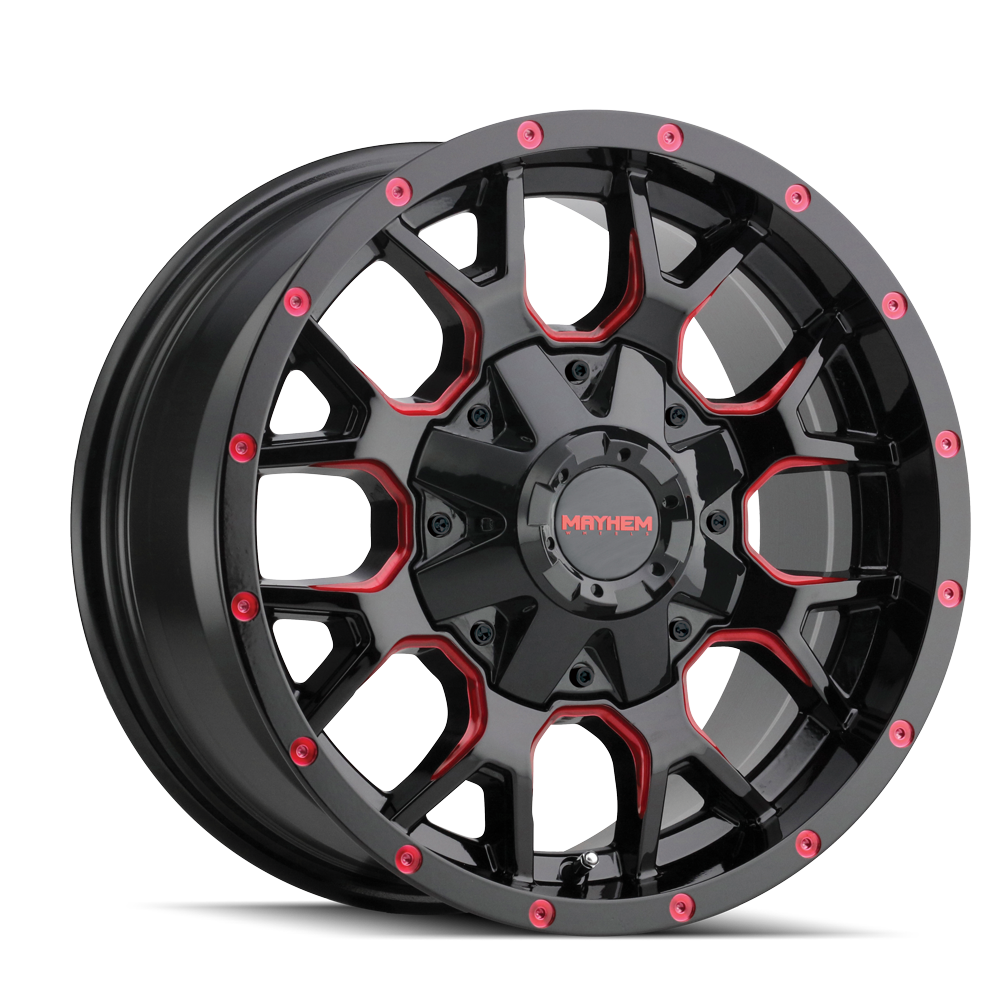 18x9 mayhem warrior gloss black milled prism red wheel 6x5.5 bolt pattern 18mm offset