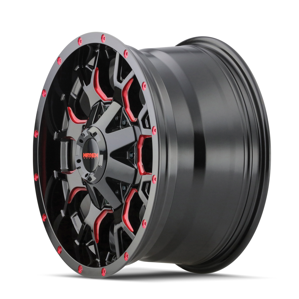 20x9 mayhem warrior gloss black milled prism red wheel 6x5.5 bolt pattern 18mm offset