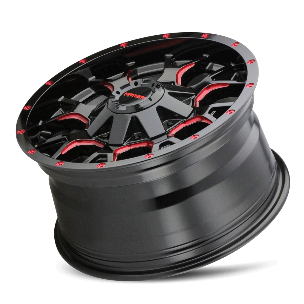 18x9 mayhem warrior gloss black milled prism red wheel 6x5.5 bolt pattern 18mm offset