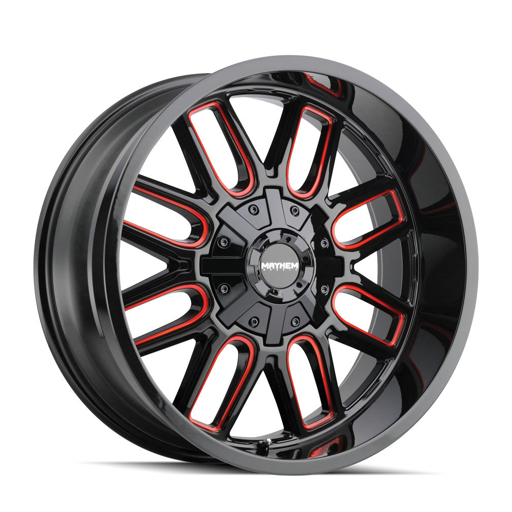 20x9 mayhem cogent gloss black milled prism red wheel 6x5.5 bolt pattern 0mm offset