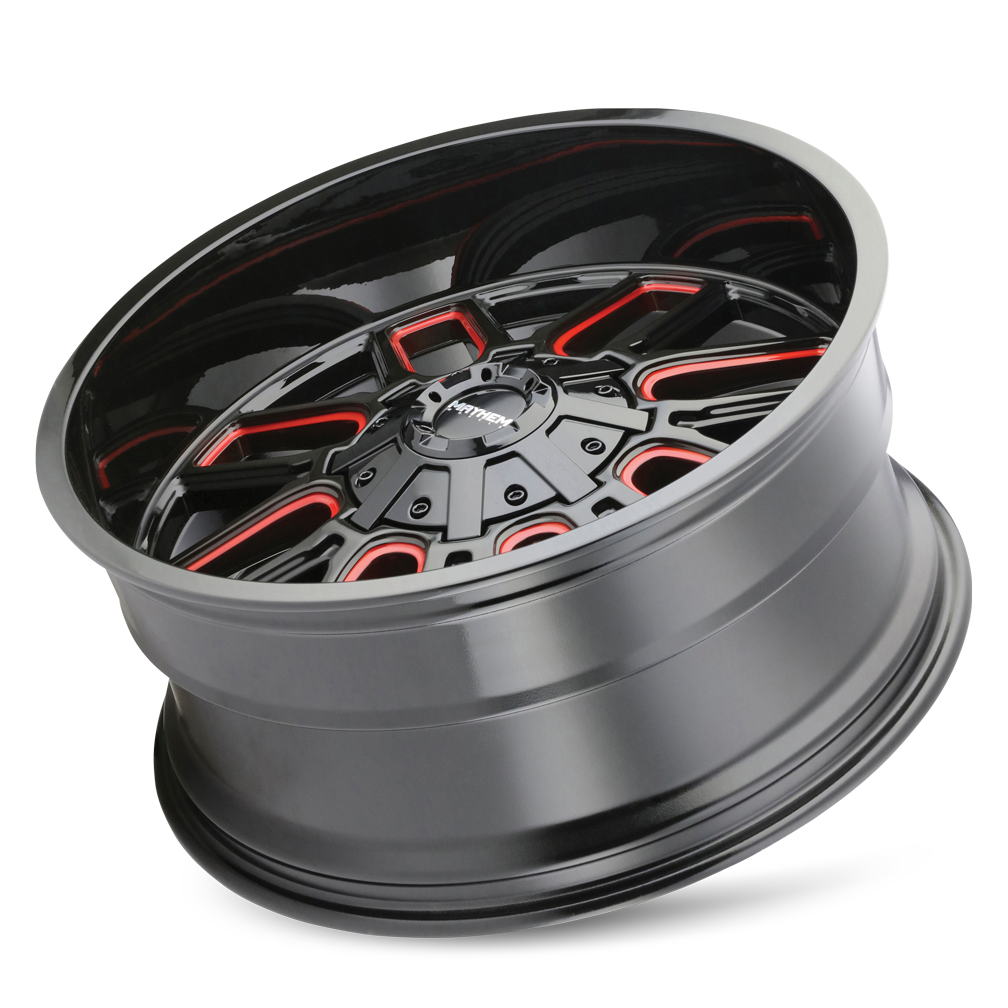 18x9 mayhem cogent gloss black milled prism red wheel 6x5.5 bolt pattern 0mm offset