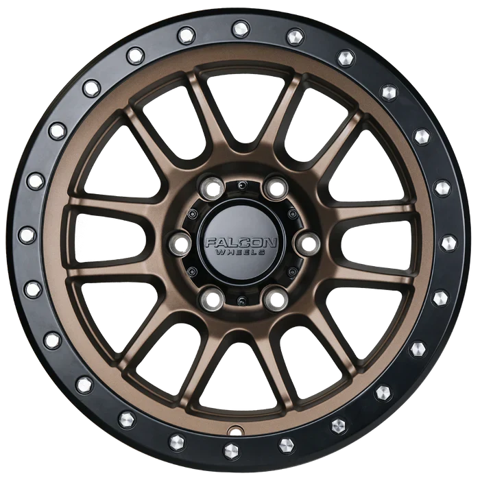 17x9 Falcon Wheels T7 Matte Bronze W/Black Ring Wheel 6x5.5 Bolt Pattern 0mm Offset
