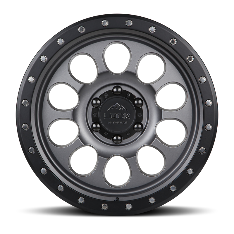 20x9 lock off-road 50cal matte grey w matte black ring wheel 6x5.5 bolt pattern 12mm offset