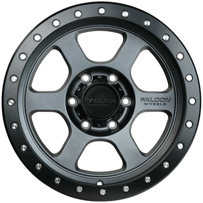 17x9 Falcon Wheels T1 Matte Gunmetal W/Matte Black Ring Wheel 6x5.5 Bolt Pattern -12mm Offset