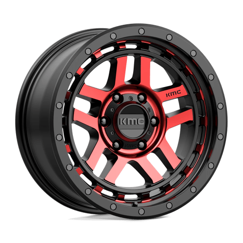 18x8 5 kmc km540 recon gloss black mach w red tint wheel 6x5.5 bolt pattern 0mm offset
