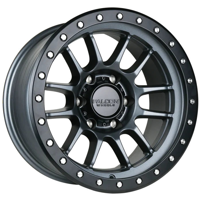 17x9 Falcon Wheels T7 Matte Gunmetal W/Black Ring Wheel 6x5.5 Bolt Pattern -12mm Offset