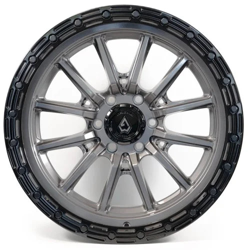 17x9 arena wheel a106 trek glossy gun metal center glossy black lip wheel 6x5.5 bolt pattern 12mm offset