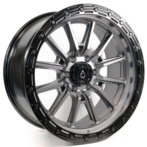17x9 arena wheel a106 trek glossy gun metal center glossy black lip wheel 6x5.5 bolt pattern 12mm offset